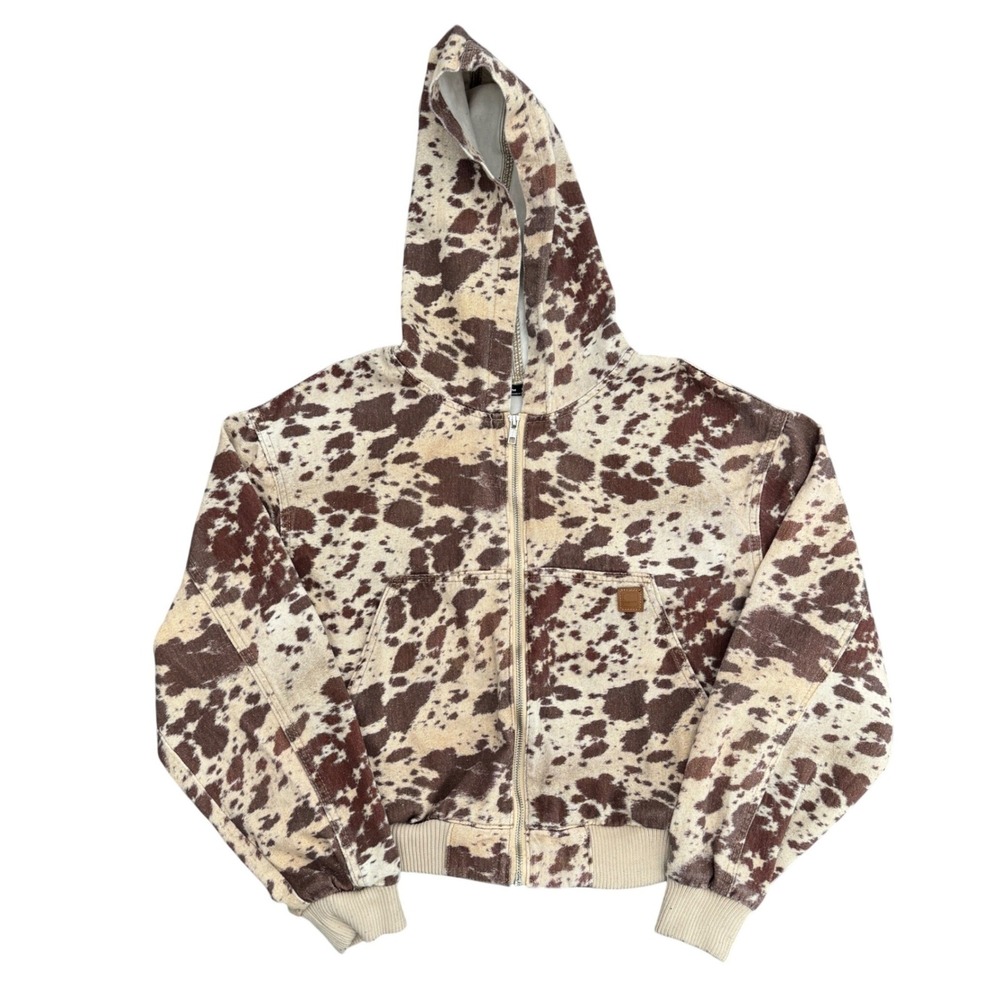 SUMWON Cow Print Hooded Canvas Light Bo,ber Jacket Mens XS Brown White Zip Up